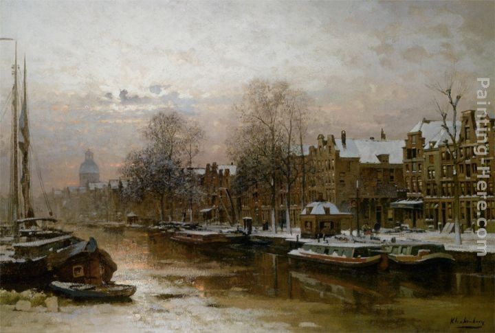 Johannes Christiaan Karel Klinkenberg Snow covered barges on the Singel Amsterdam